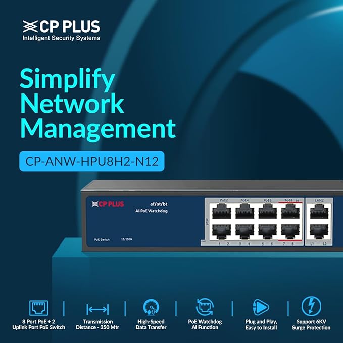 CP Plus 10 Ports Switch with 8 Gigabit PoE Ports (1000 Mbps) &amp; 2 Gigabit Uplink Ports (1000 Mbps) | Max. 30W Output of Single PoE Port | Full/Half Duplex Mode | Plug &amp; Play - CP-DNW-GPU8G2-96-V4 thumbnail 4