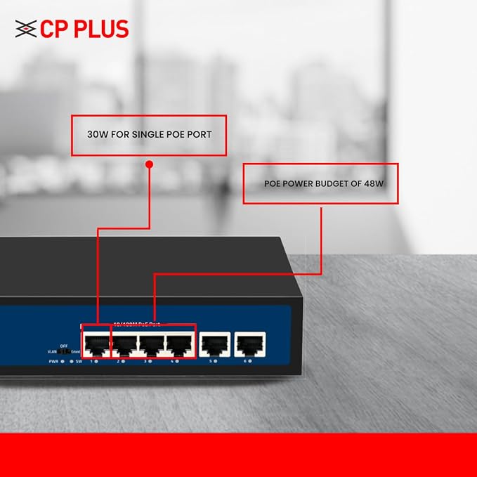 CP Plus 6 Ports Fast Ethernet with 4 PoE Ports (1000 Mbps) &amp;amp; 2 Uplink Ports (100 Mbps) POE Switch | Max. 30W Output of Single PoE Port | LED Light Indicators | Plug &amp;amp; Play - CP-DNW-HPU4H2-48-V2. thumbnail 4