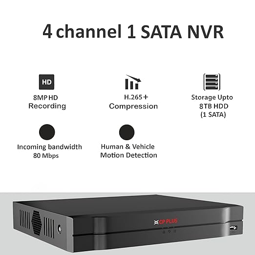 CP Plus 4Ch. Network Video Recorder, Max 80Mbps Network Bandwidth, Instastream/H.265/Smart H.264+, Up to 8MP Resolution, Support 1 SATA HDDs up to 8TB, 2 USB Ports(USB2.0) [CP-UNR-104F1] thumbnail 2