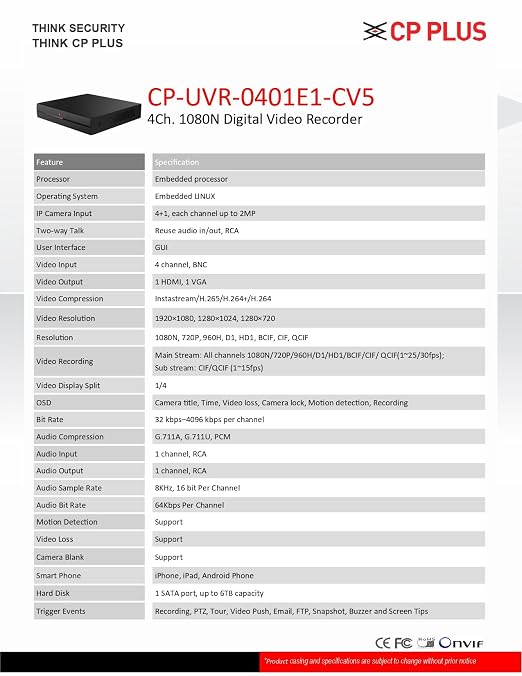 CP Plus 4 Channel DVR 1080N Digital Video Recorder CP-UVR-0401E1-CV5, Upto 2.4 MP Cameras Compatible, Black thumbnail 3