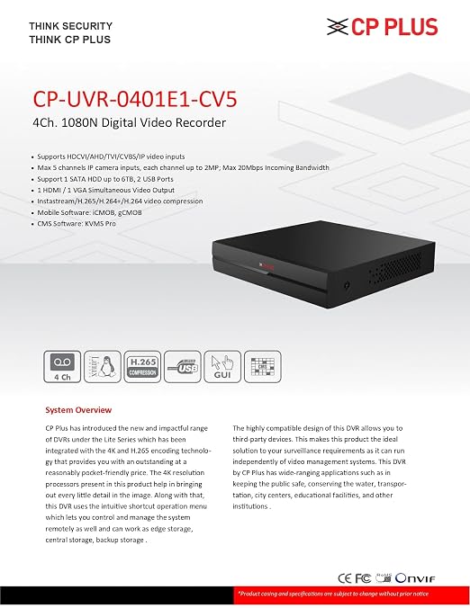 CP Plus 4 Channel DVR 1080N Digital Video Recorder CP-UVR-0401E1-CV5, Upto 2.4 MP Cameras Compatible, Black thumbnail 4