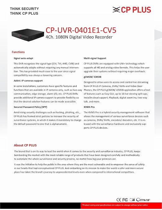 CP Plus 4 Channel DVR 1080N Digital Video Recorder CP-UVR-0401E1-CV5, Upto 2.4 MP Cameras Compatible, Black thumbnail 5