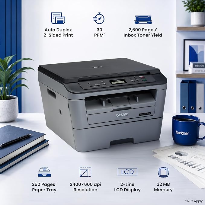 Brother DCP-L2520D Automatic Duplex Laser Printer with 30 Pages Per Minute Print Speed, Multifunction (Print Scan Copy), 2 in 1 (ID) Copy Button, LCD Display, 32 MB Memory, 250 Sheet Paper Tray, USB thumbnail 4